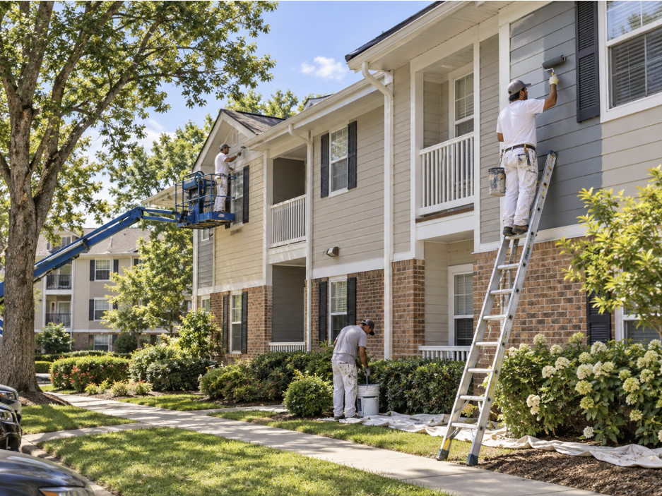 Exterior painting and rehabilitation work at an occupied affordable housing community