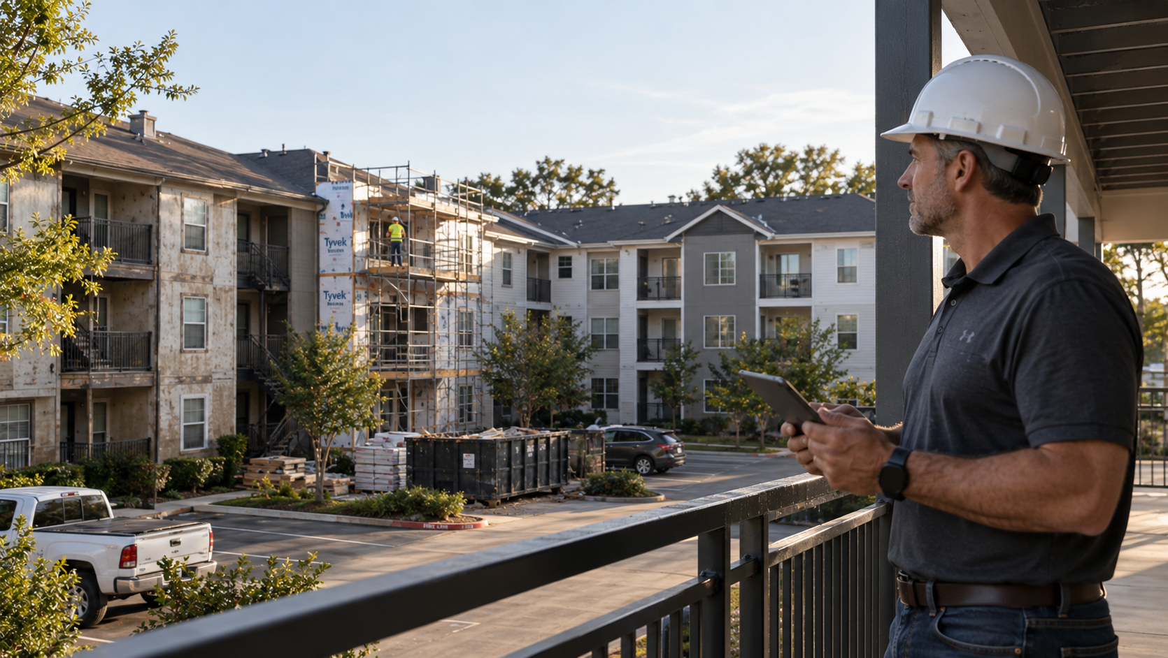 Construction management professional overseeing an occupied multifamily renovation site