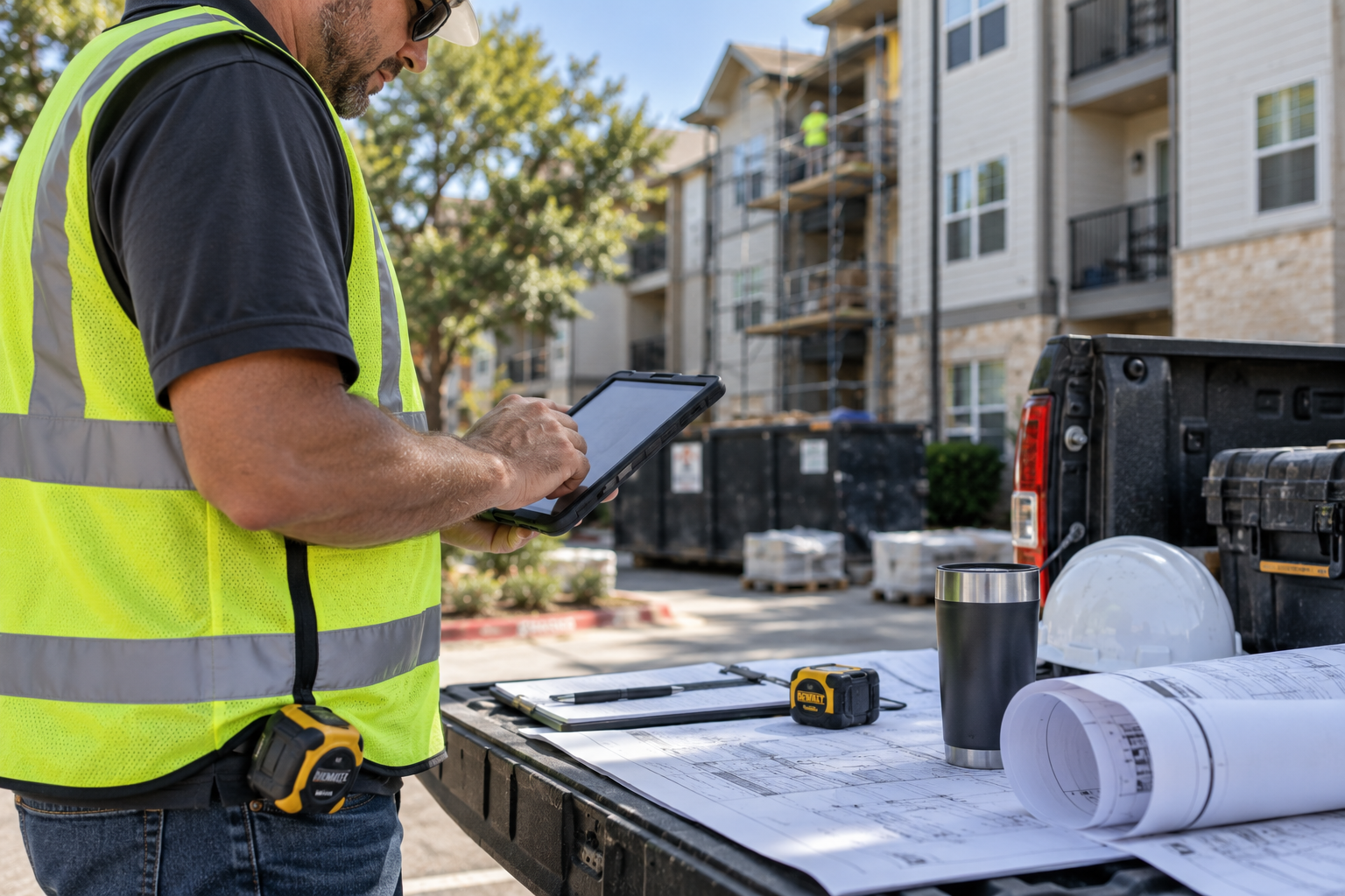 Construction professional reviewing a tablet and plans beside an apartment renovation