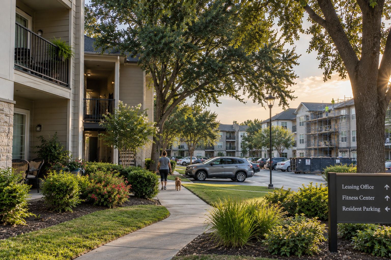 Apartment community with a resident walking a dog beside exterior renovation work