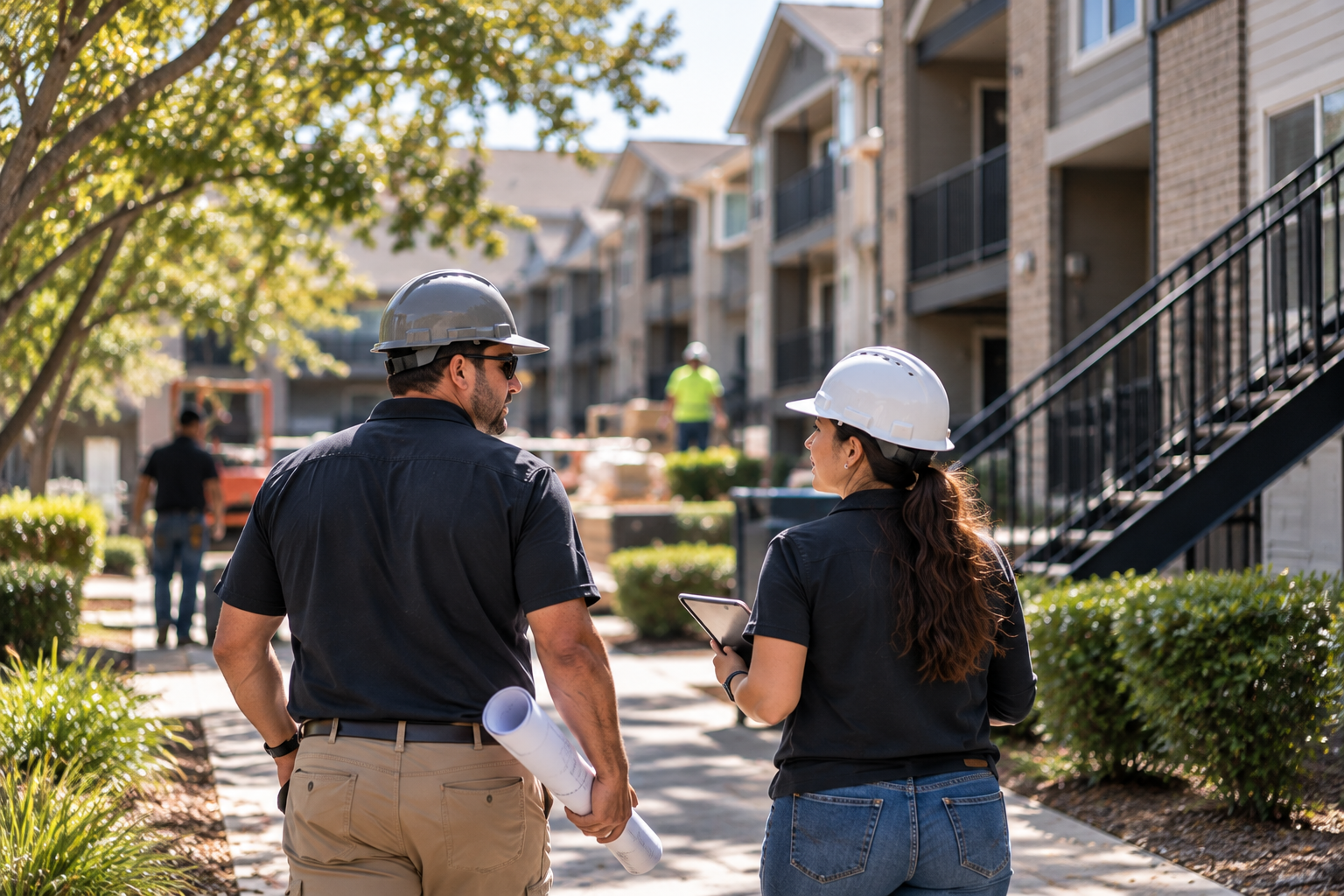 Two construction professionals walking an apartment renovation site