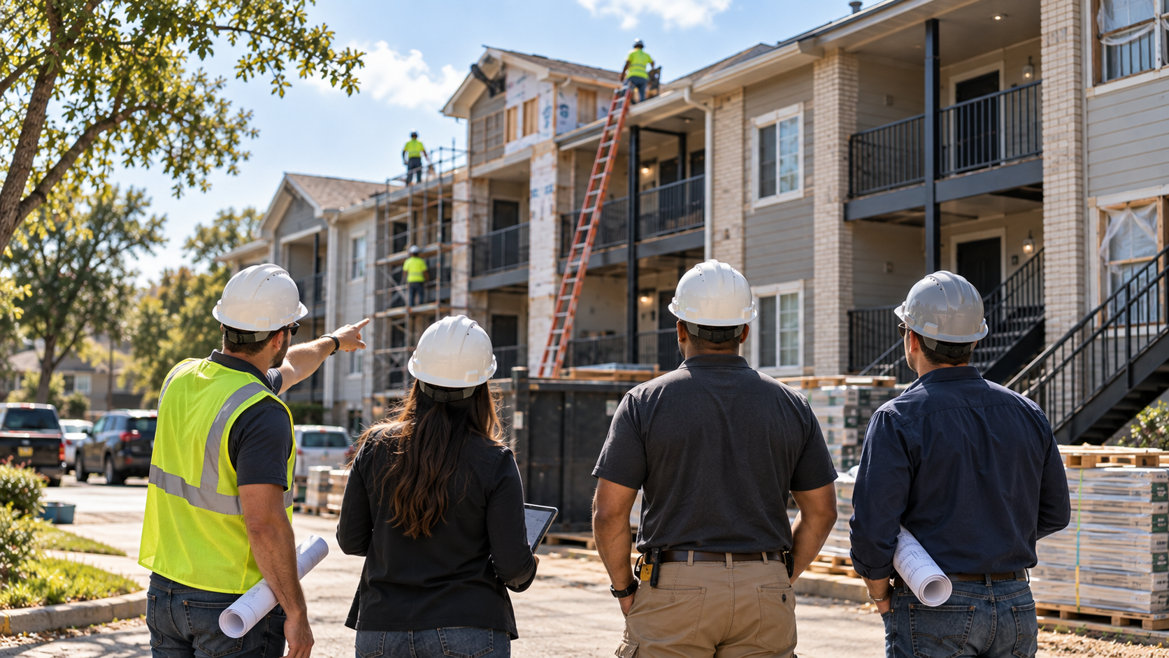 Construction management and owner representative team reviewing an occupied multifamily renovation site