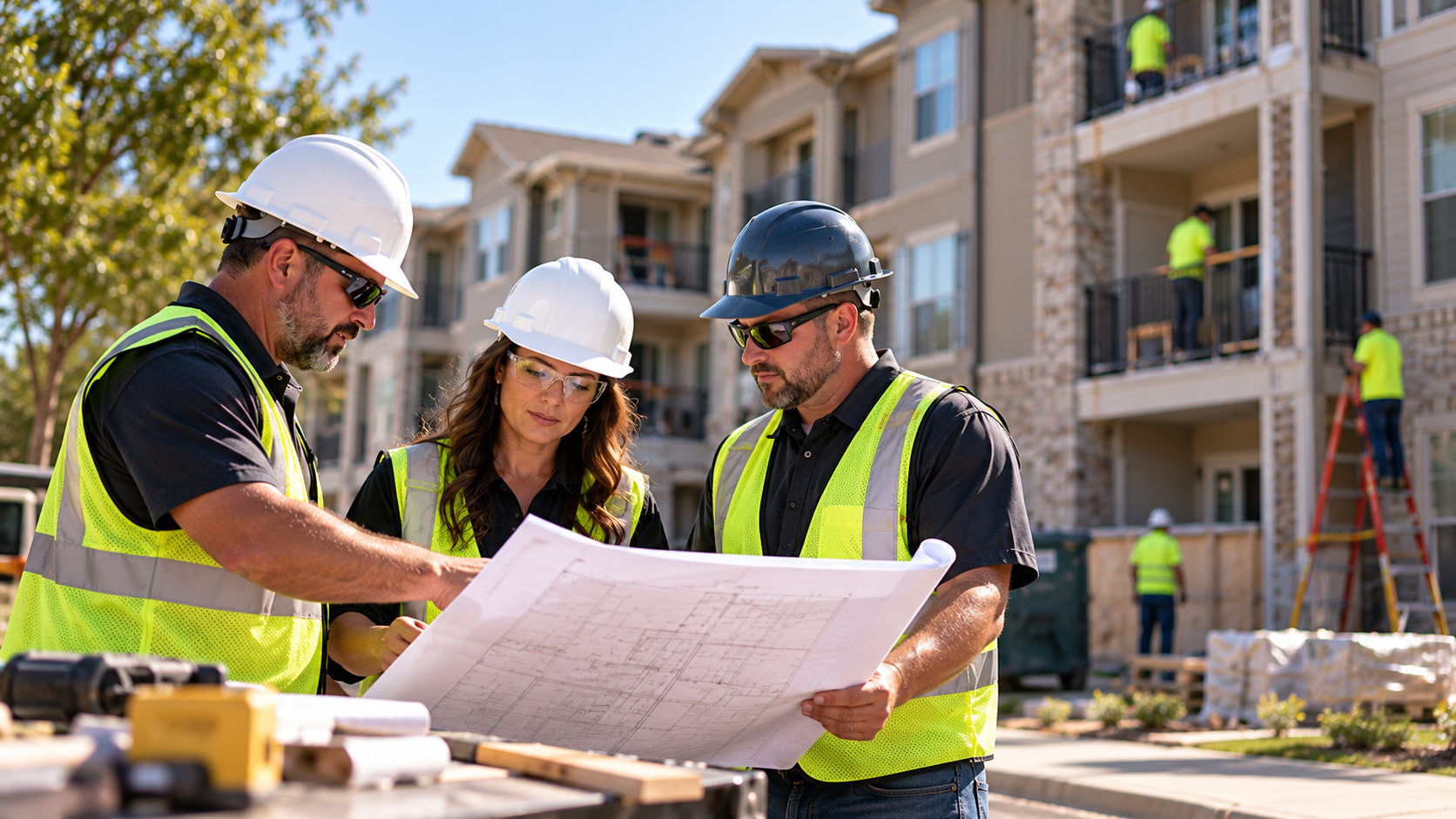 Multifamily Renovation construction leaders reviewing plans at an occupied apartment community