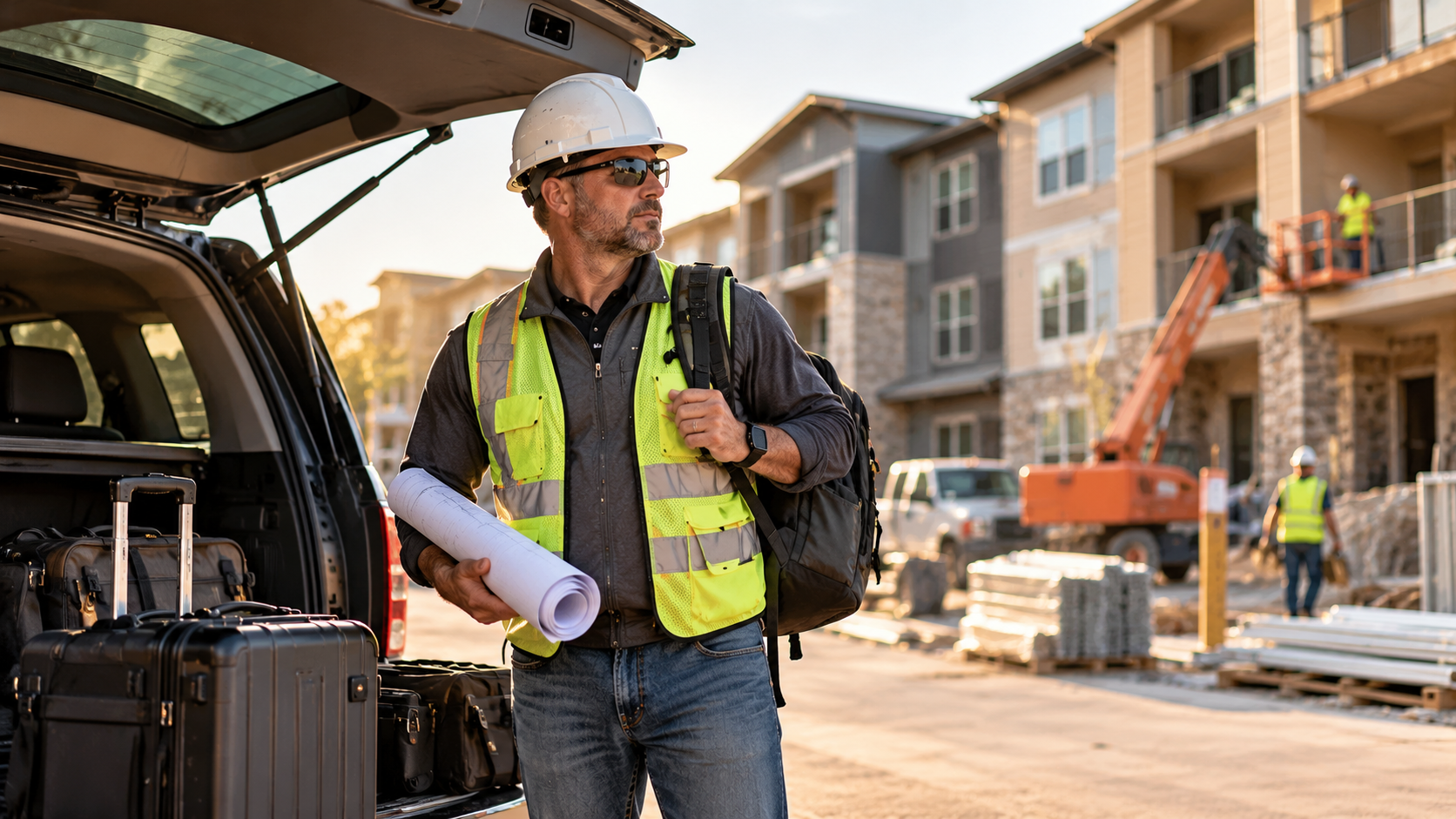 Traveling Multifamily Renovation superintendent reviewing plans at an active apartment project