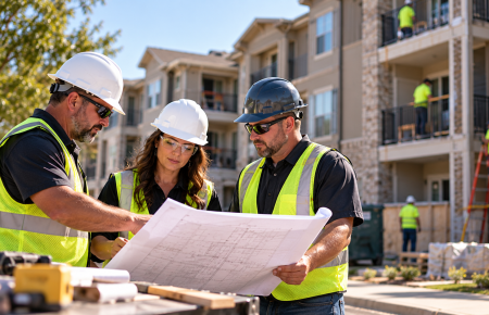 Multifamily Renovation construction leaders reviewing plans at an occupied apartment community