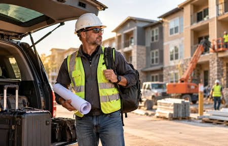 Traveling Multifamily Renovation superintendent reviewing plans at an active apartment project